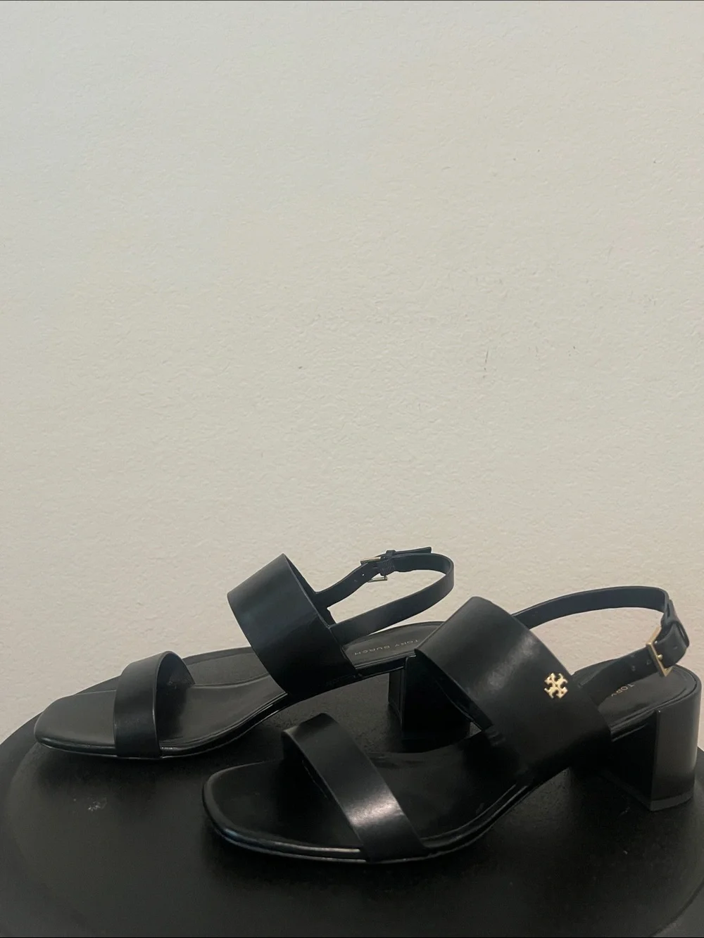 Tory Burch Double T Heel Sandals Black Leather 50mm Block Heel Size 9
